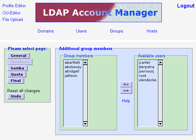 The LDAP Account Manager Group Membership Edit Screen