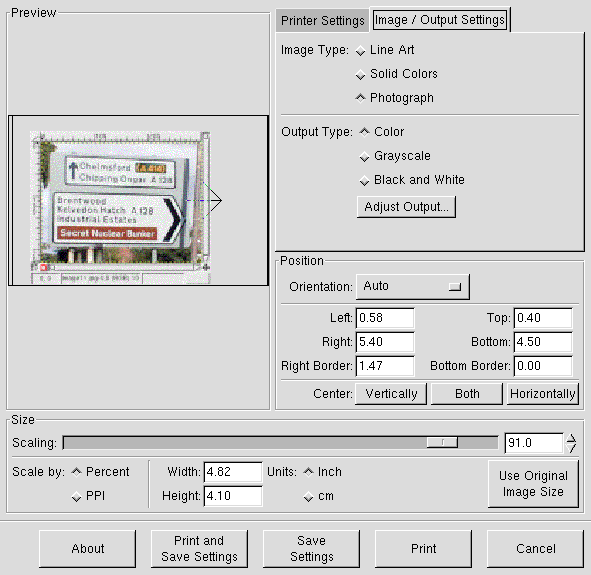 The GIMP Print GUI showing image/output settings