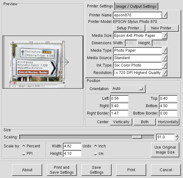 The GIMP Print GUI showing printer settings